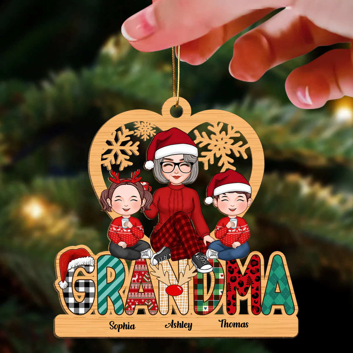 Grandma Claus Christmas Pattern Personalized Wooden Ornament - Image 3