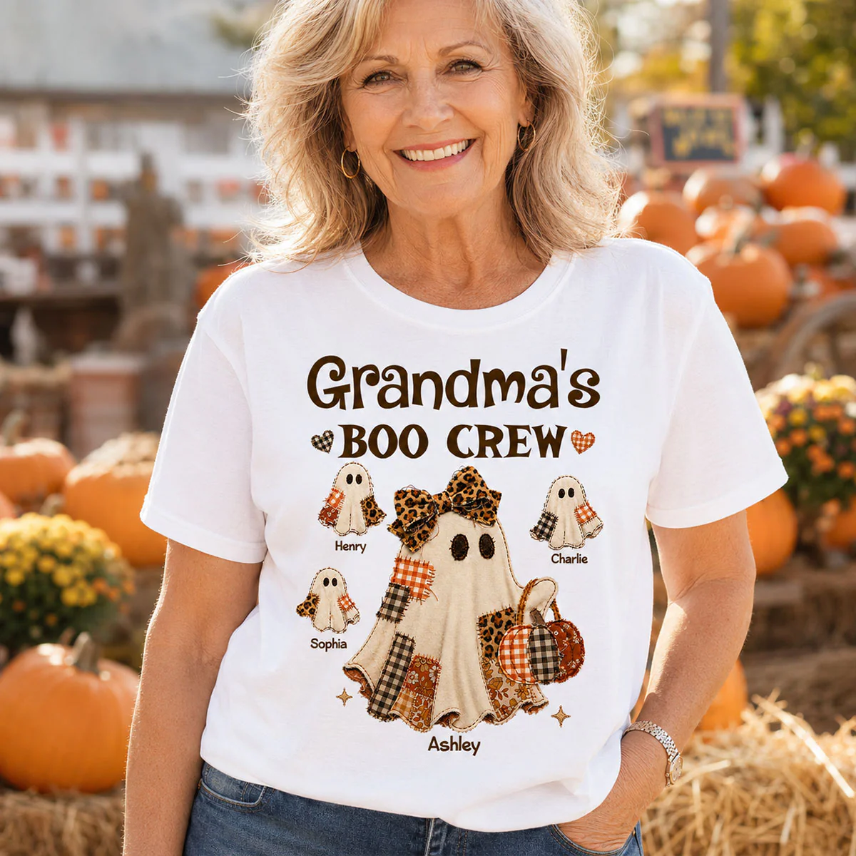 Grandma Fall Season Halloween Faux Patchwork Pattern Coquette - Personalized Shirt - Halloween Gift For Grandma - Image 3