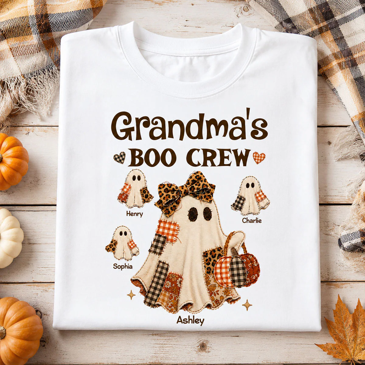Grandma Fall Season Halloween Faux Patchwork Pattern Coquette - Personalized Shirt - Halloween Gift For Grandma - Image 4