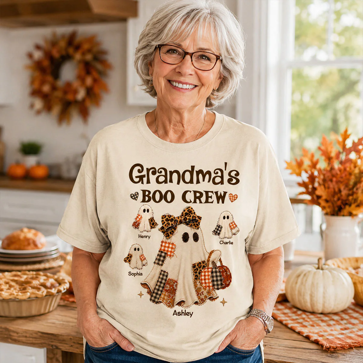Grandma Fall Season Halloween Faux Patchwork Pattern Coquette - Personalized Shirt - Halloween Gift For Grandma - Image 5
