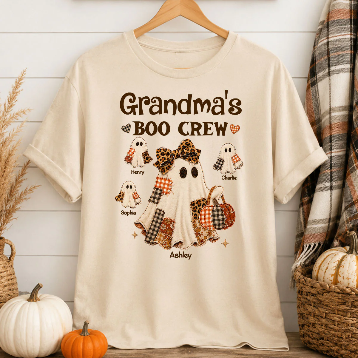 Grandma Fall Season Halloween Faux Patchwork Pattern Coquette - Personalized Shirt - Halloween Gift For Grandma - Image 7