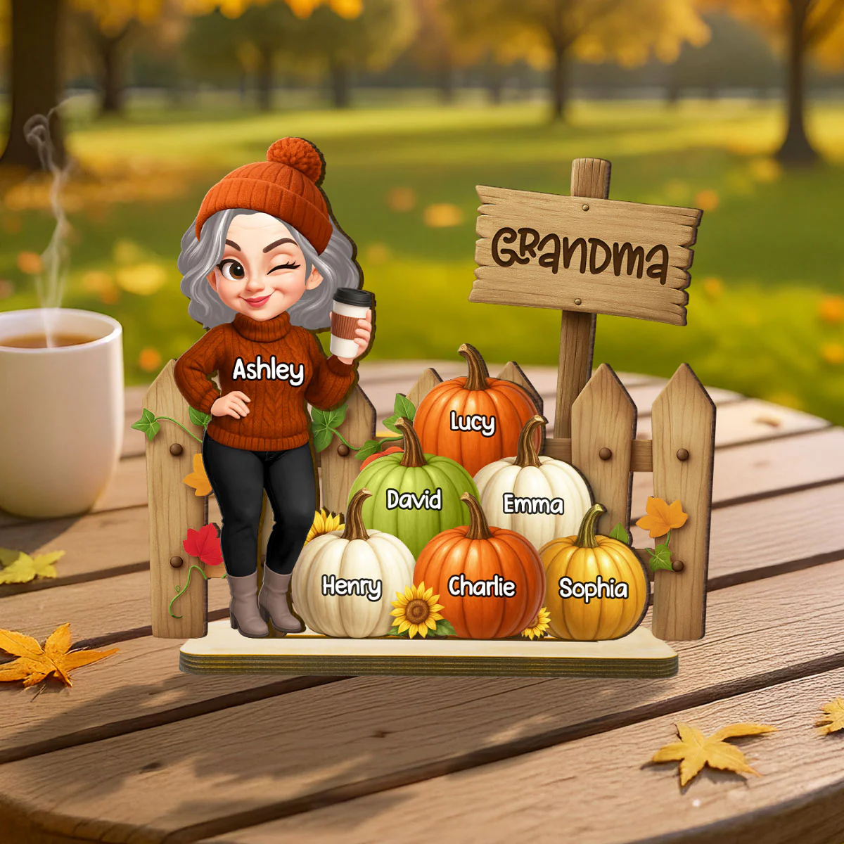 Grandma Fall Season Standing At Fence Pumpkins Personalized Standing Wooden Plaque - Image 4