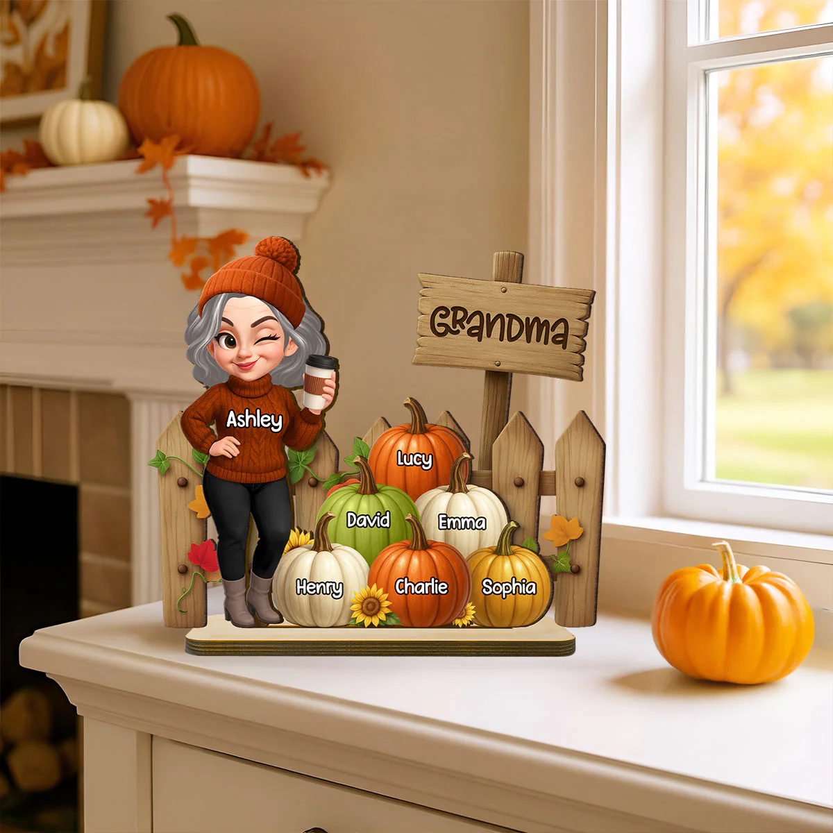 Grandma Fall Season Standing At Fence Pumpkins Personalized Standing Wooden Plaque - Image 6