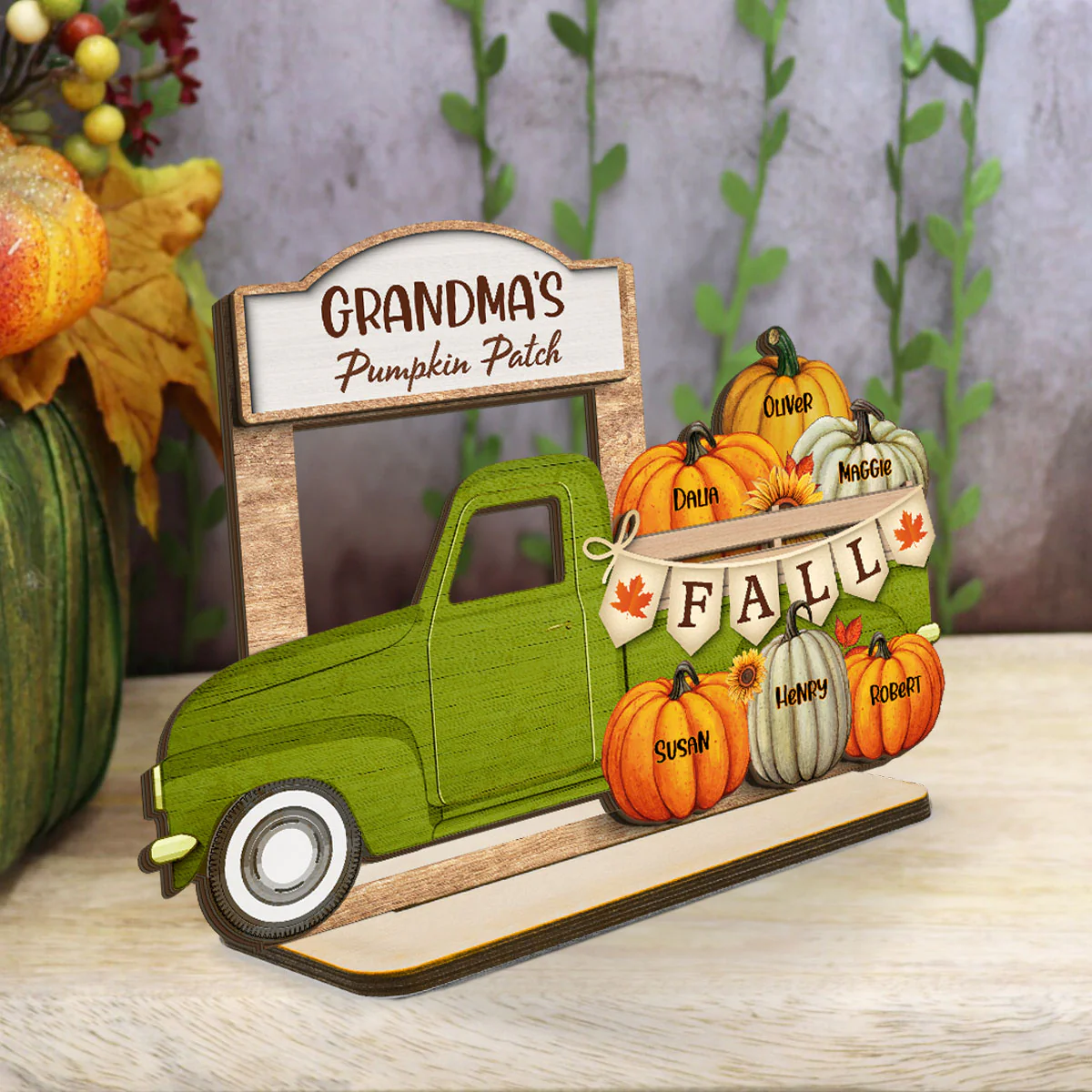 Grandma Fall Season Truck Pumpkins Personalized Standing Wooden Plaque - Image 5