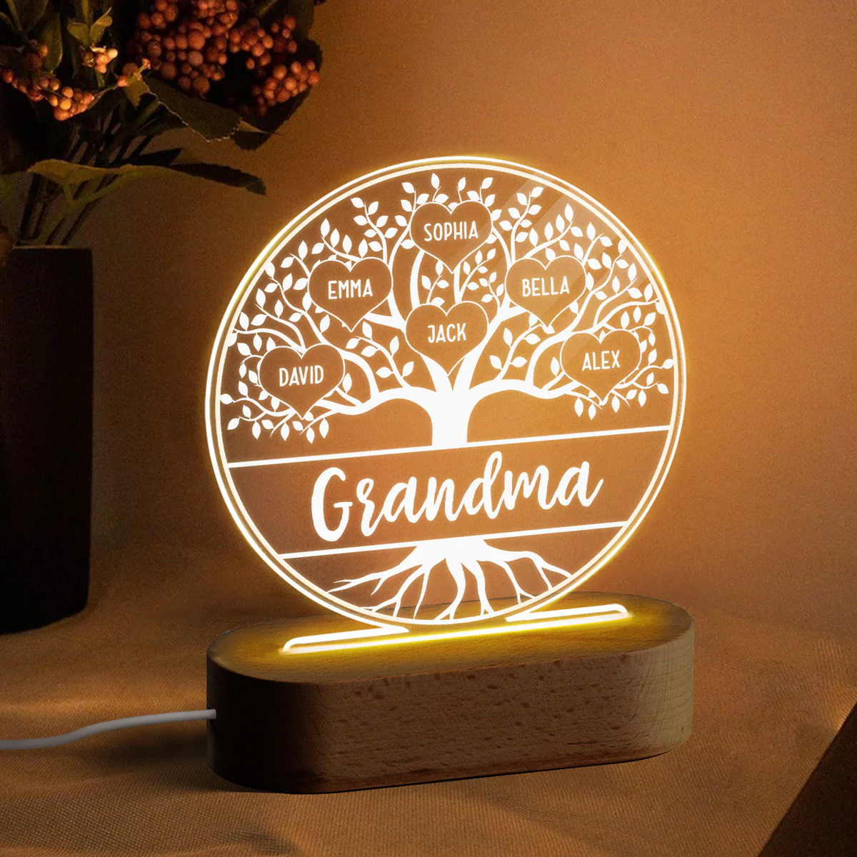 Grandma Family Tree Name Personalized Circle Acrylic Plaque With LED Night Light - Gift for Grandma, Nana, Mom - Image 3