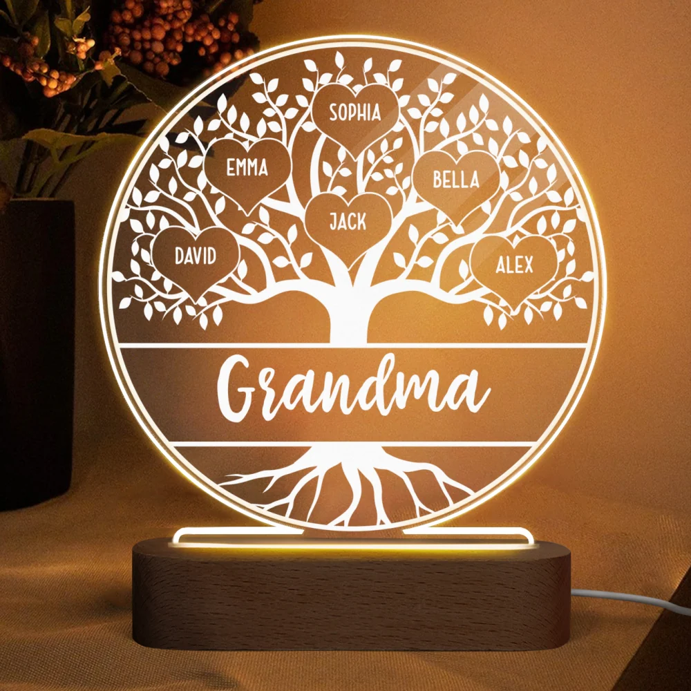 Grandma Family Tree Name Personalized Circle Acrylic Plaque With LED Night Light - Gift for Grandma, Nana, Mom - Image 4