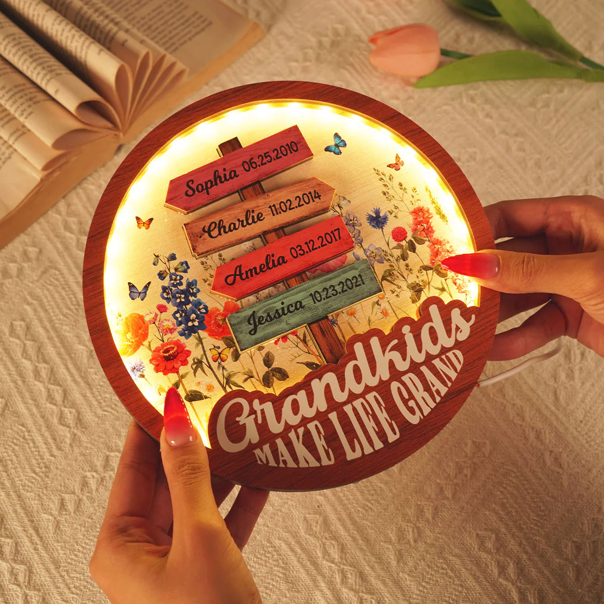 Grandma Flower Garden Grandkids Names Sign Personalized 3-Layer Wooden Plaque With LED, Gift for Mom, for Grandma - Image 3