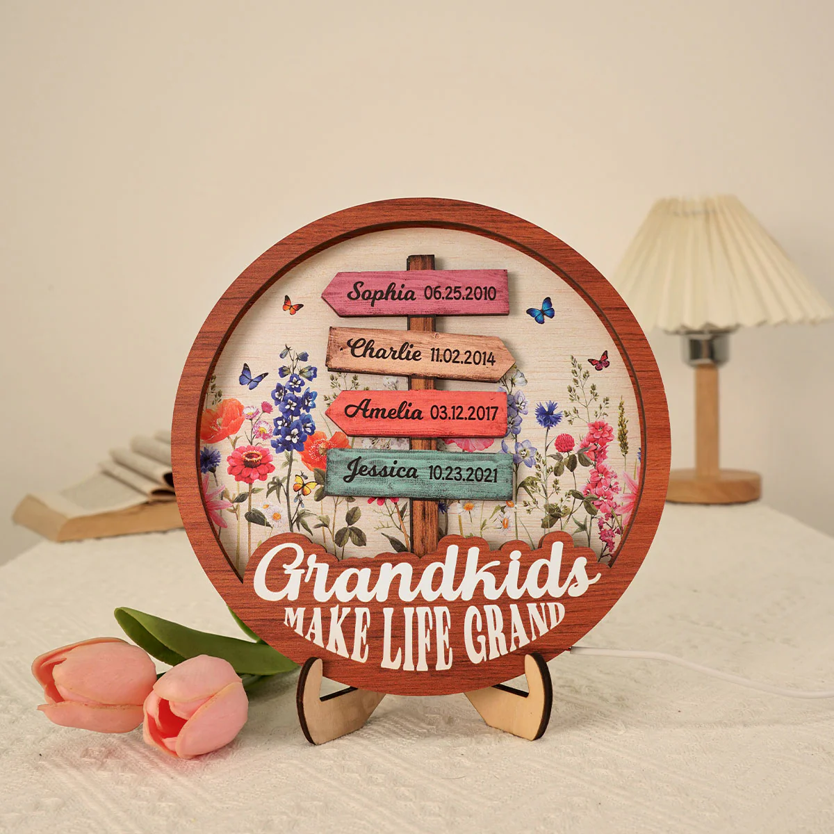 Grandma Flower Garden Grandkids Names Sign Personalized 3-Layer Wooden Plaque With LED, Gift for Mom, for Grandma - Image 4