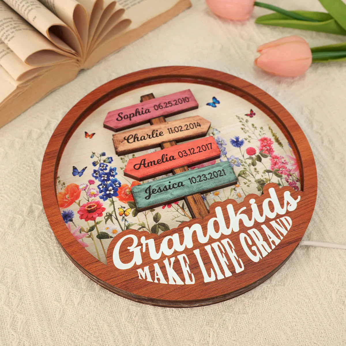 Grandma Flower Garden Grandkids Names Sign Personalized 3-Layer Wooden Plaque With LED, Gift for Mom, for Grandma - Image 5