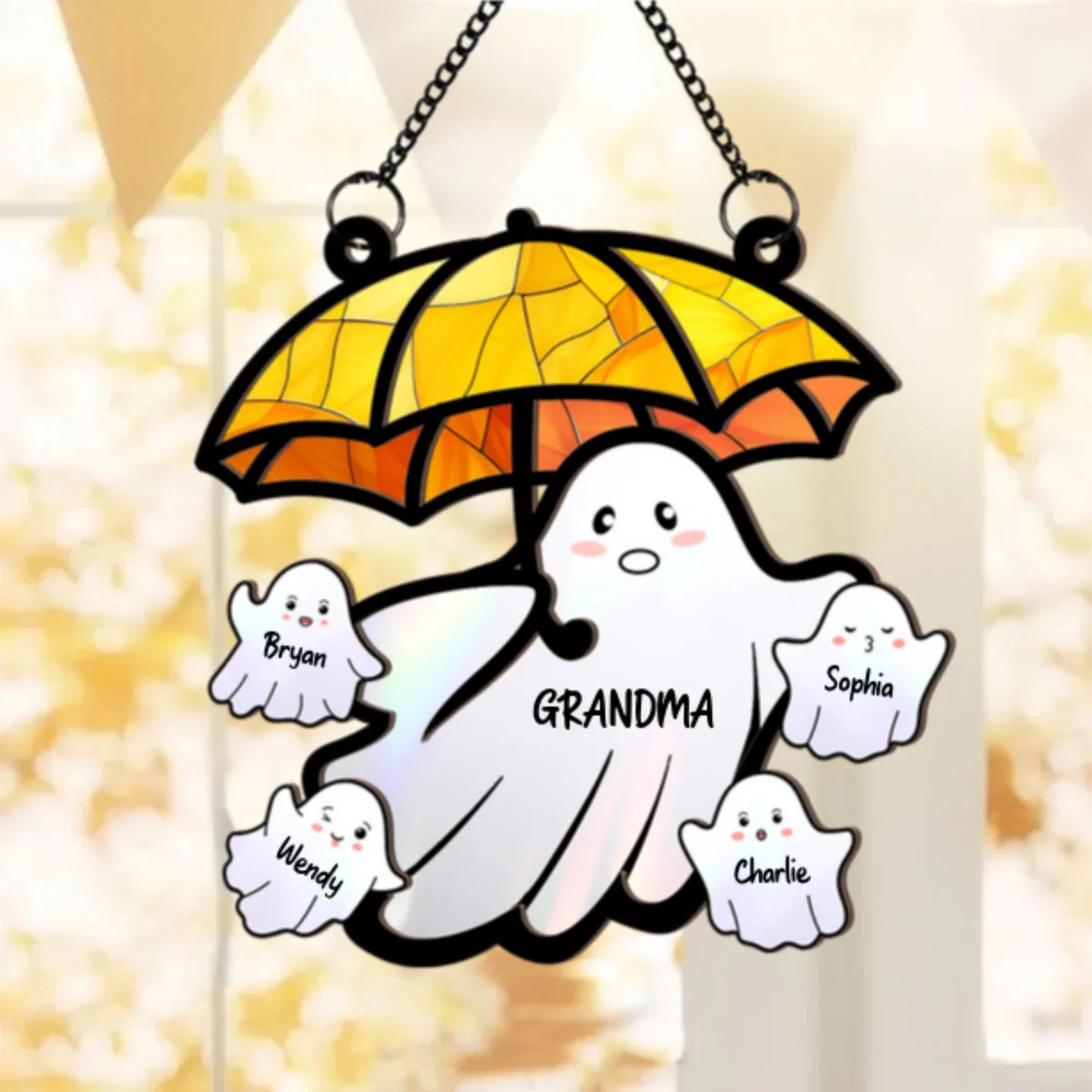 Grandma Funny Ghost with Umbrella Personalized Suncatcher, Halloween Stained Glass Decor - Image 10