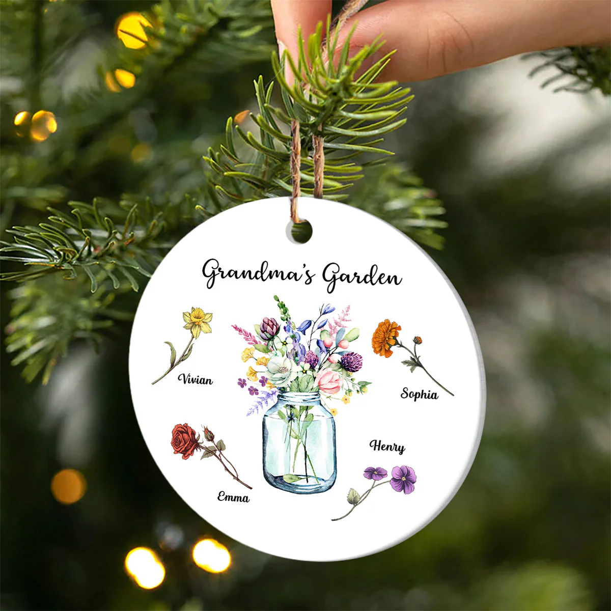 Grandma Garden Birth Month Flowers Vase Personalized Circle Ceramic Ornament, Christmas Gift for Grandma - Image 2