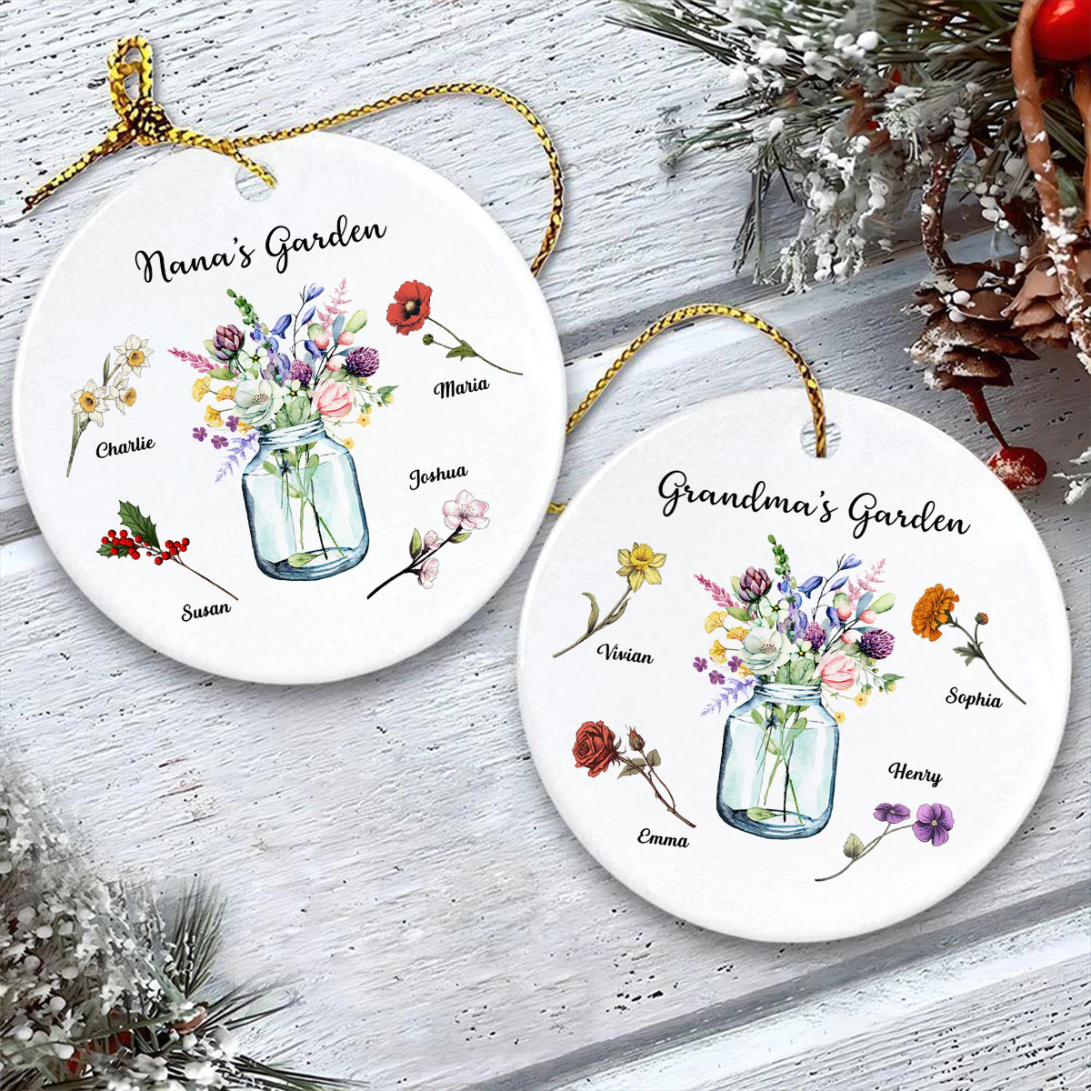Grandma Garden Birth Month Flowers Vase Personalized Circle Ceramic Ornament, Christmas Gift for Grandma - Image 5