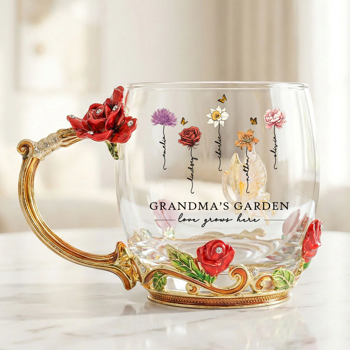 Grandma Garden Custom Birth Month Flowers - Personalized Enamel Flower Tea Cup - Gift For Grandma, Mom - Image 2