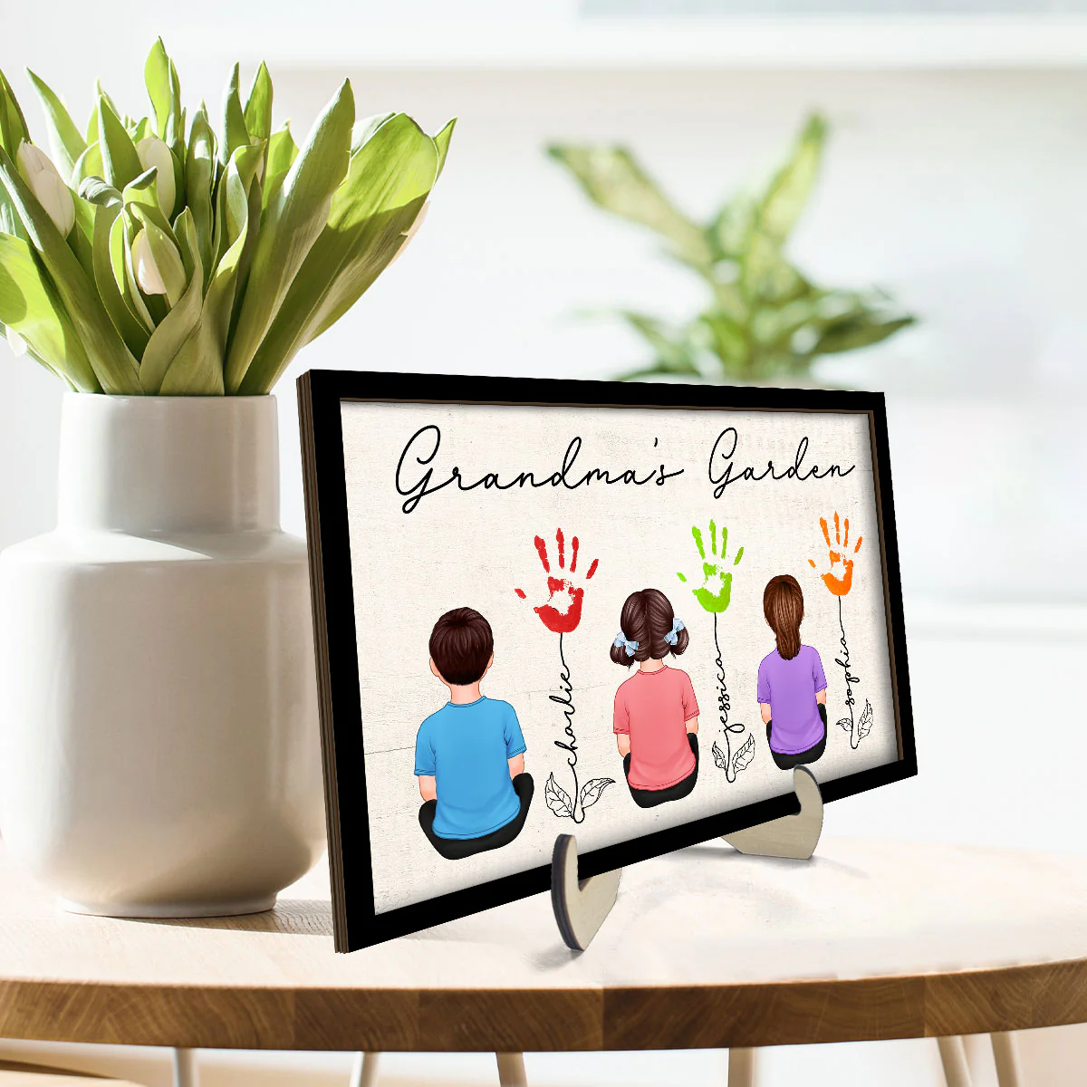 Grandma Garden Handprints Kids Sitting Back View Personalized 2-layer Wooden Plaque - Image 3