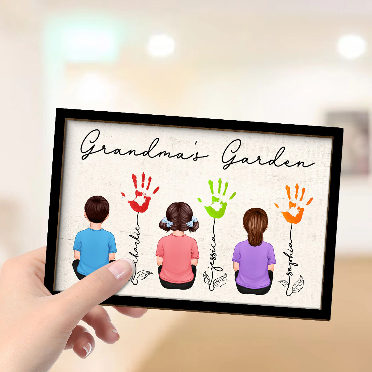 Grandma Garden Handprints Kids Sitting Back View Personalized 2-layer Wooden Plaque - Image 4