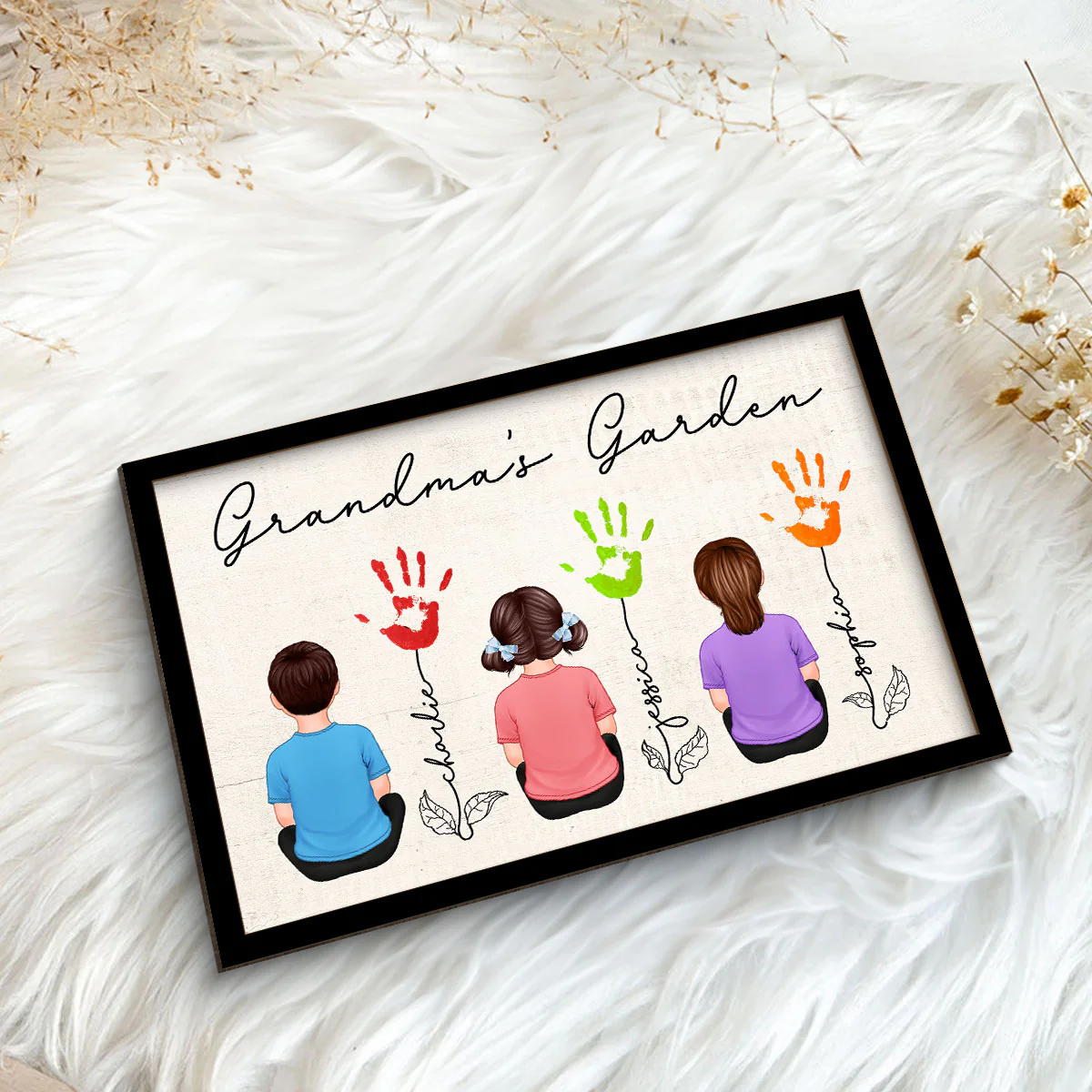 Grandma Garden Handprints Kids Sitting Back View Personalized 2-layer Wooden Plaque - Image 5