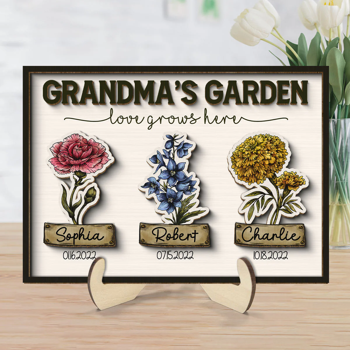 Grandma Garden Love Grows Here Grandkids Birth Flower Name and Birthday Personalized 2-Layer Wooden Plaque - Image 10