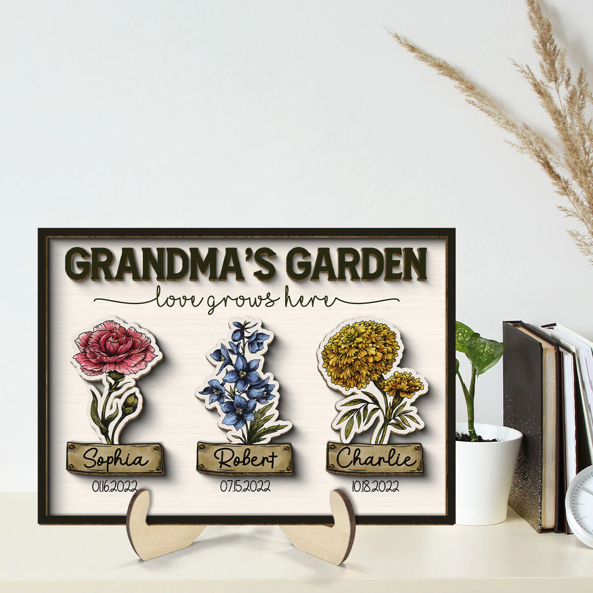Grandma Garden Love Grows Here Grandkids Birth Flower Name and Birthday Personalized 2-Layer Wooden Plaque - Image 2