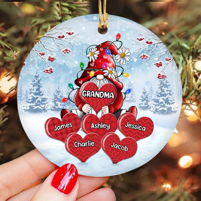 Grandma Gnome Christmas Light Personalized Christmas Circle Ornament - Image 3