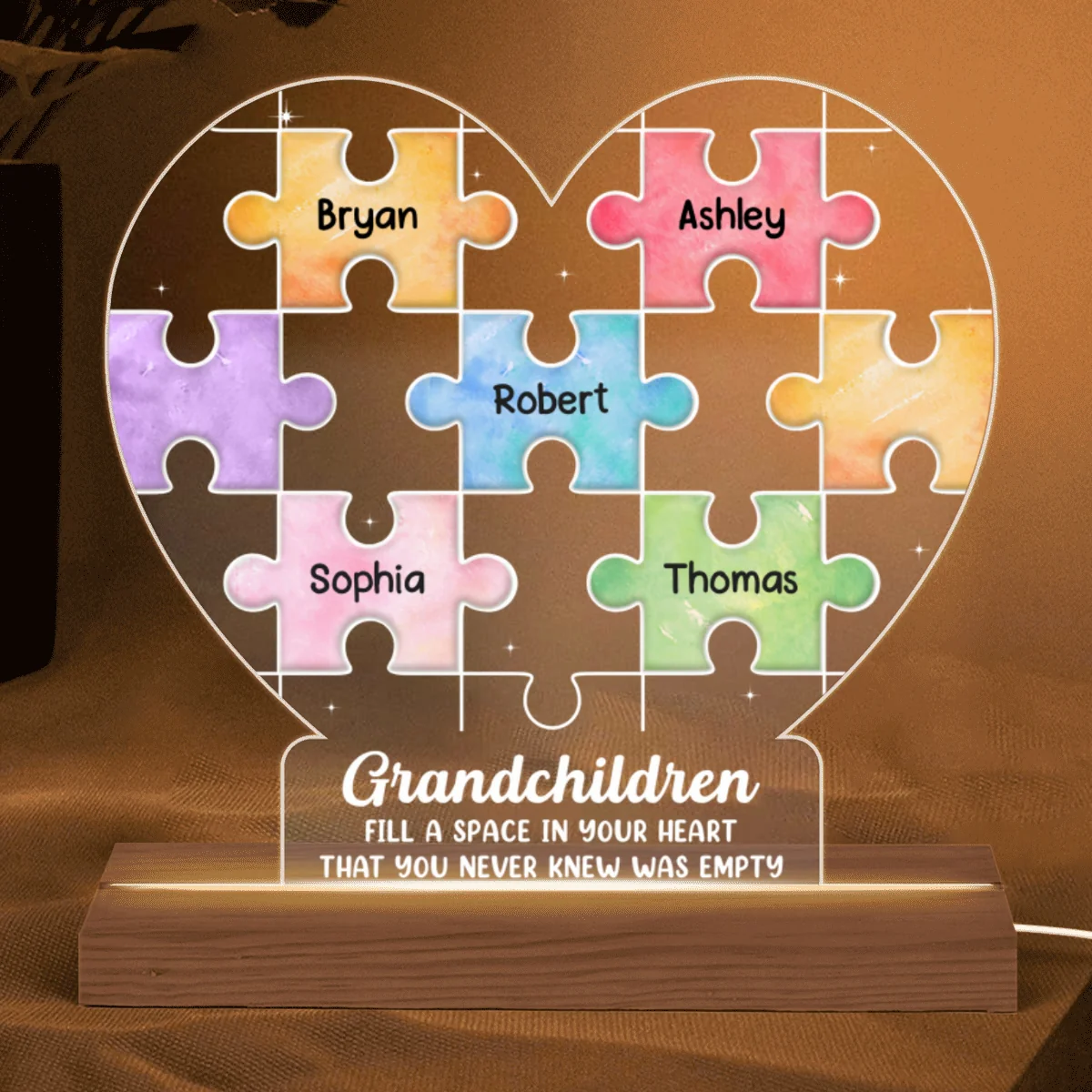 Grandma Grandchildren Puzzle Heart Personalized Acrylic Custom Shape LED Night Light - Image 5