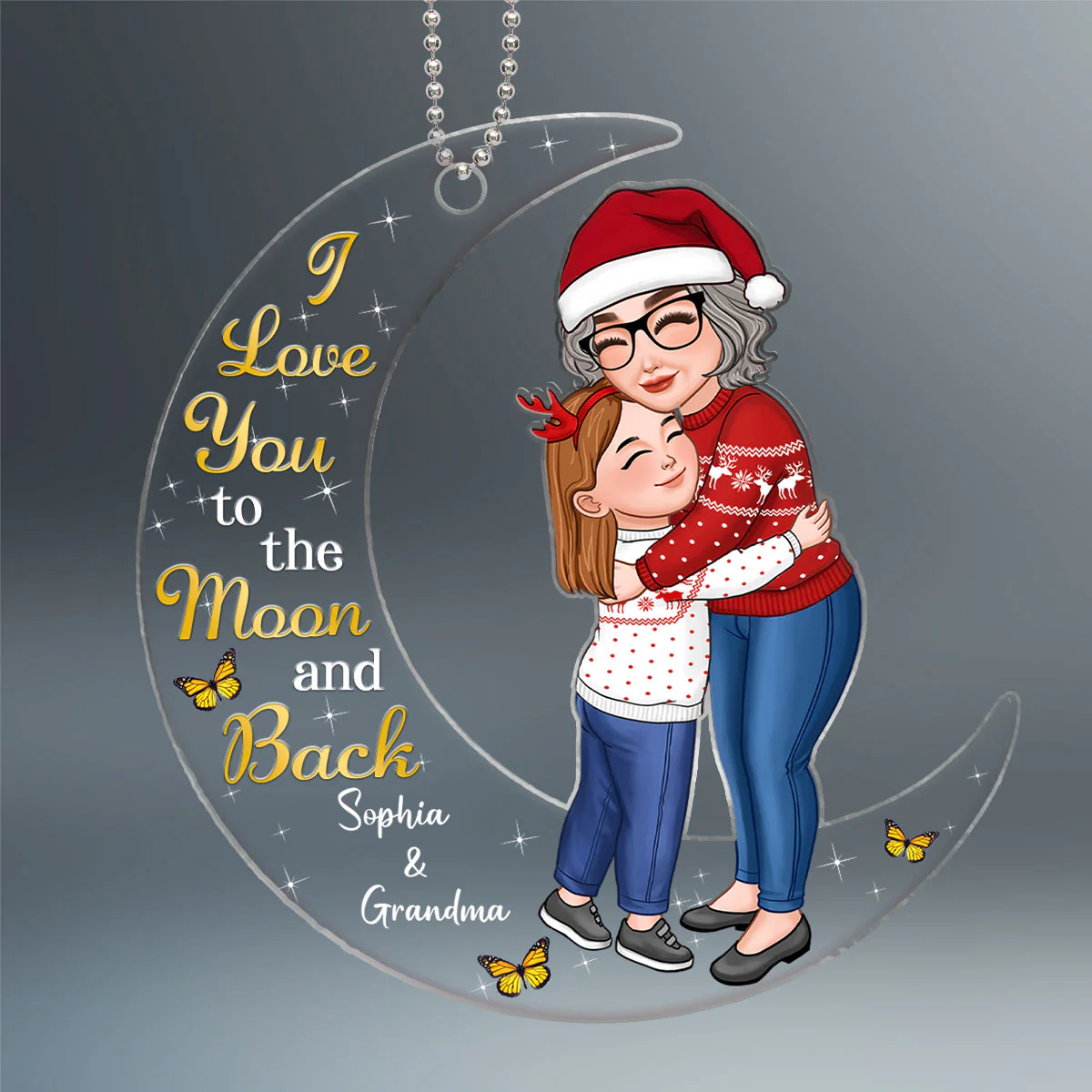 Grandma & Granddaughter Grandson Hugging On Moon Personalized Acrylic Ornament - Image 2