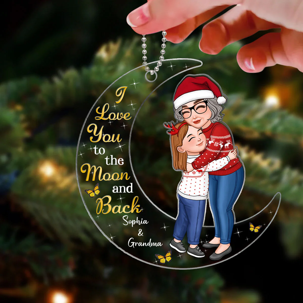 Grandma & Granddaughter Grandson Hugging On Moon Personalized Acrylic Ornament - Image 3