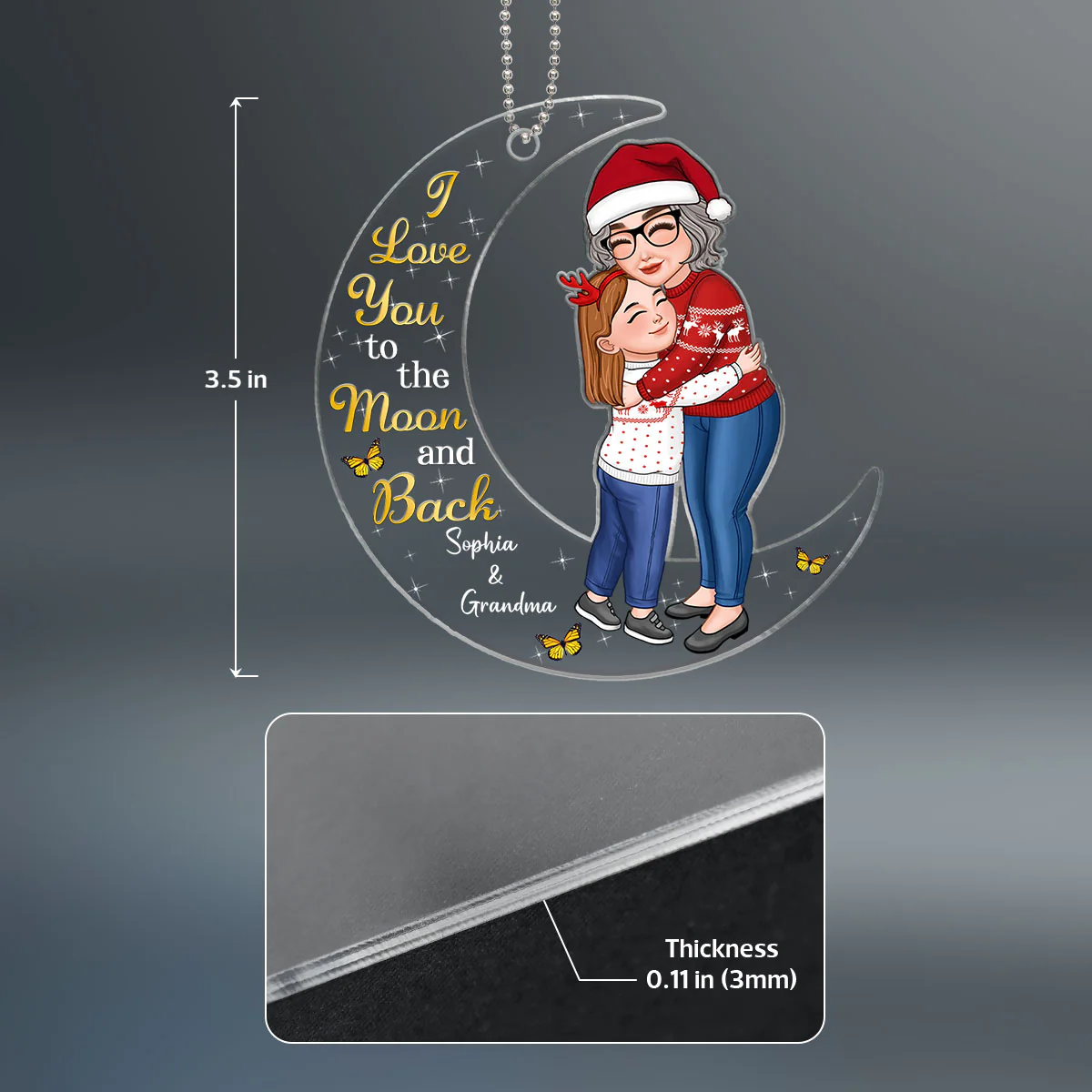 Grandma & Granddaughter Grandson Hugging On Moon Personalized Acrylic Ornament - Image 4