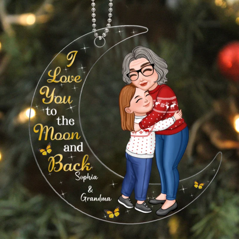 Grandma & Granddaughter Grandson Hugging On Moon Personalized Acrylic Ornament - Image 5