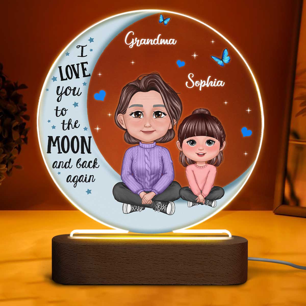 Grandma Grandkid Crossed Legs Blue Moon Personalized Circle Plaque With LED Night Light - Image 3