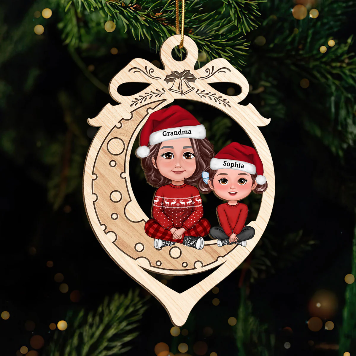 Grandma Grandkid Crossed Legs On Moon In Ornament Shaped Personalized Wooden Ornament - Image 2