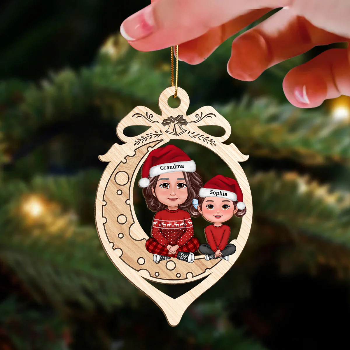 Grandma Grandkid Crossed Legs On Moon In Ornament Shaped Personalized Wooden Ornament - Image 3