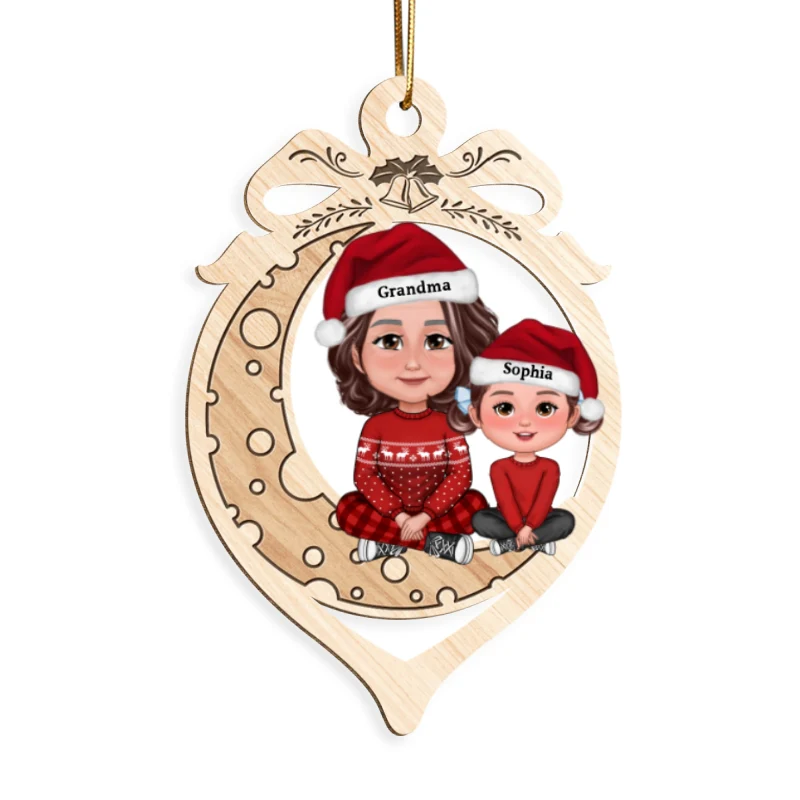 Grandma Grandkid Crossed Legs On Moon In Ornament Shaped Personalized Wooden Ornament - Image 5