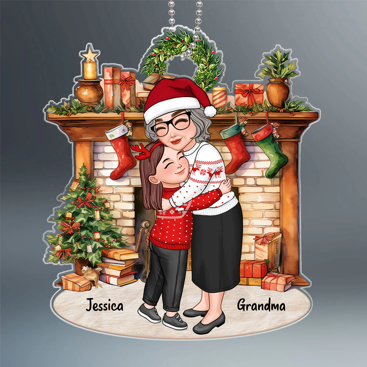 Grandma & Grandkid Hugging By Christmas Fireplace Personalized Acrylic Ornament - Image 2