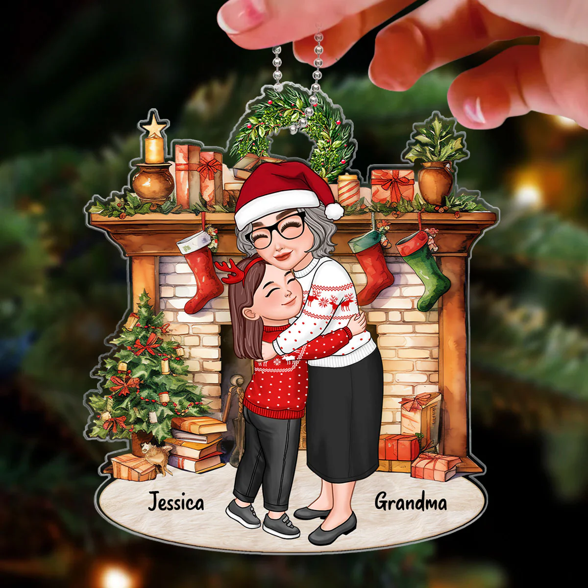 Grandma & Grandkid Hugging By Christmas Fireplace Personalized Acrylic Ornament - Image 3
