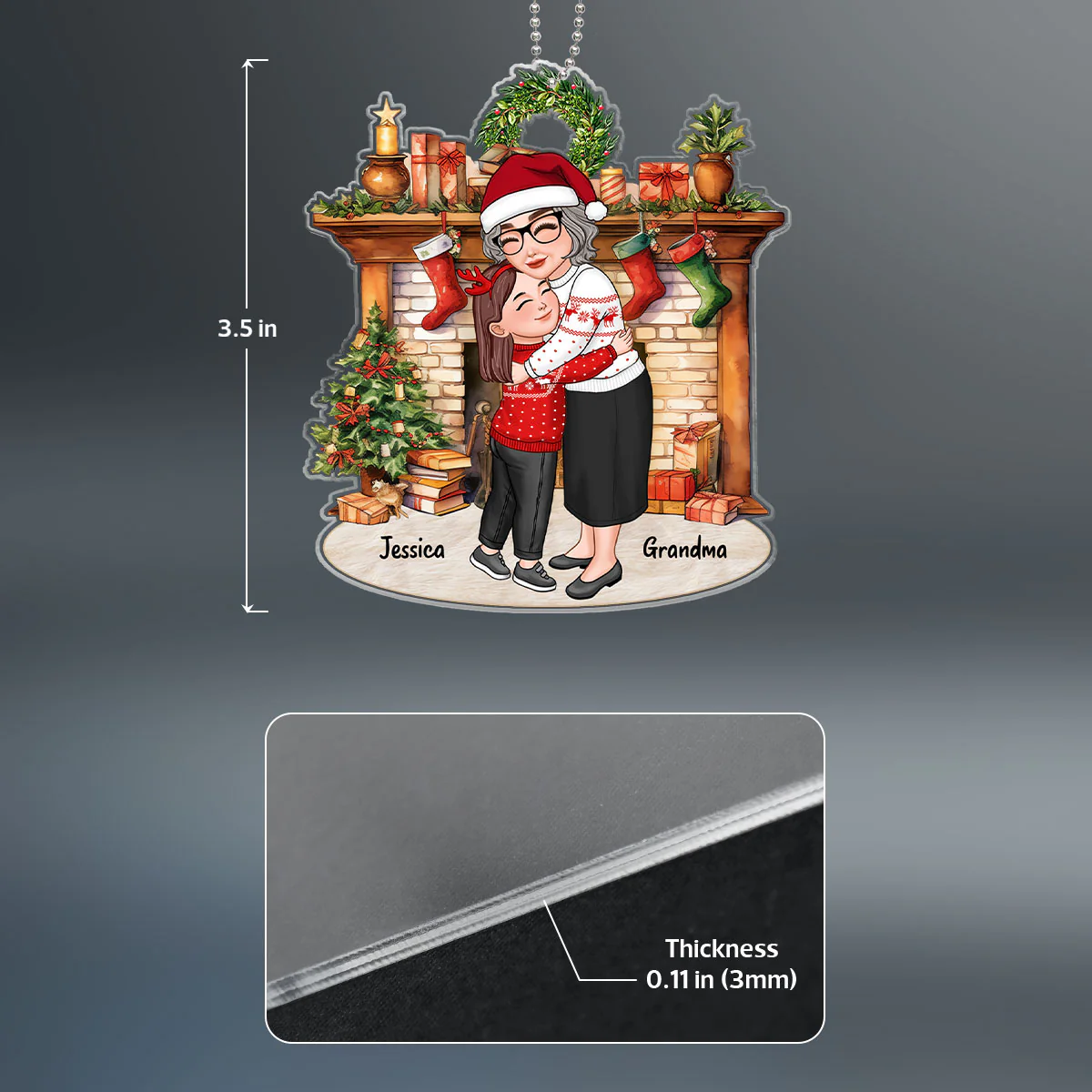 Grandma & Grandkid Hugging By Christmas Fireplace Personalized Acrylic Ornament - Image 4