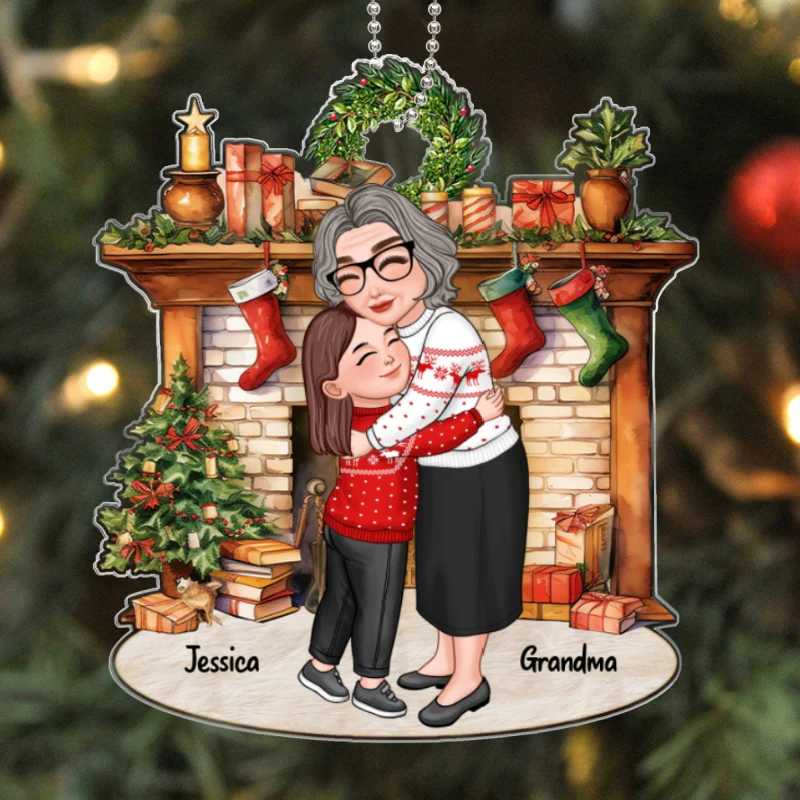 Grandma & Grandkid Hugging By Christmas Fireplace Personalized Acrylic Ornament - Image 5