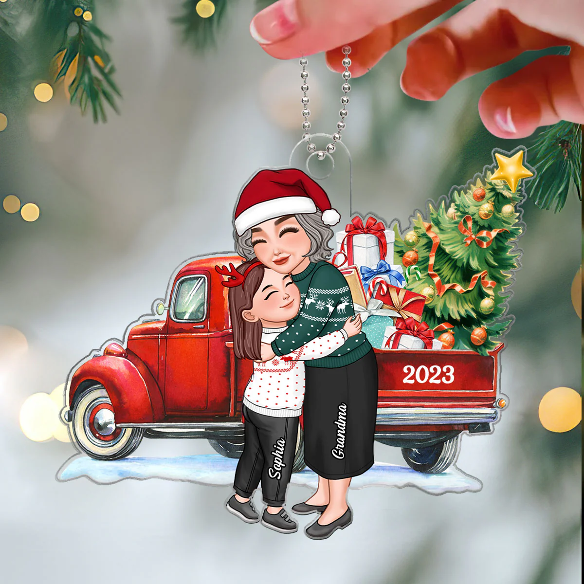 Grandma & Grandkid Hugging By Christmas Truck Personalized Acrylic Ornament - Image 3