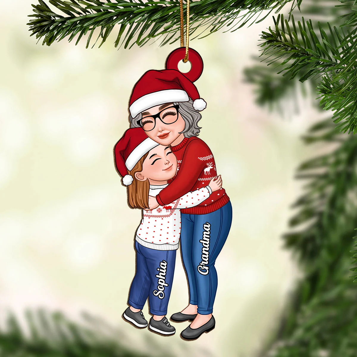 Grandma & Grandkid Hugging Christmas Gift For Granddaughter Grandson Personalized Wooden Ornament - Image 2