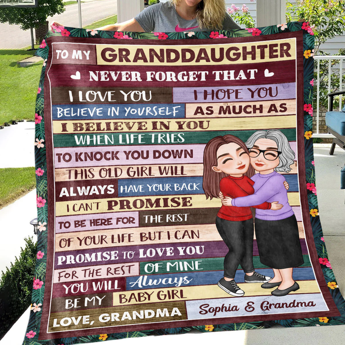 Grandma & Grandkid Hugging Gift For Teenage Adult Granddaughter Grandson Grandchildren Personalized Fleece Blanket - Image 5