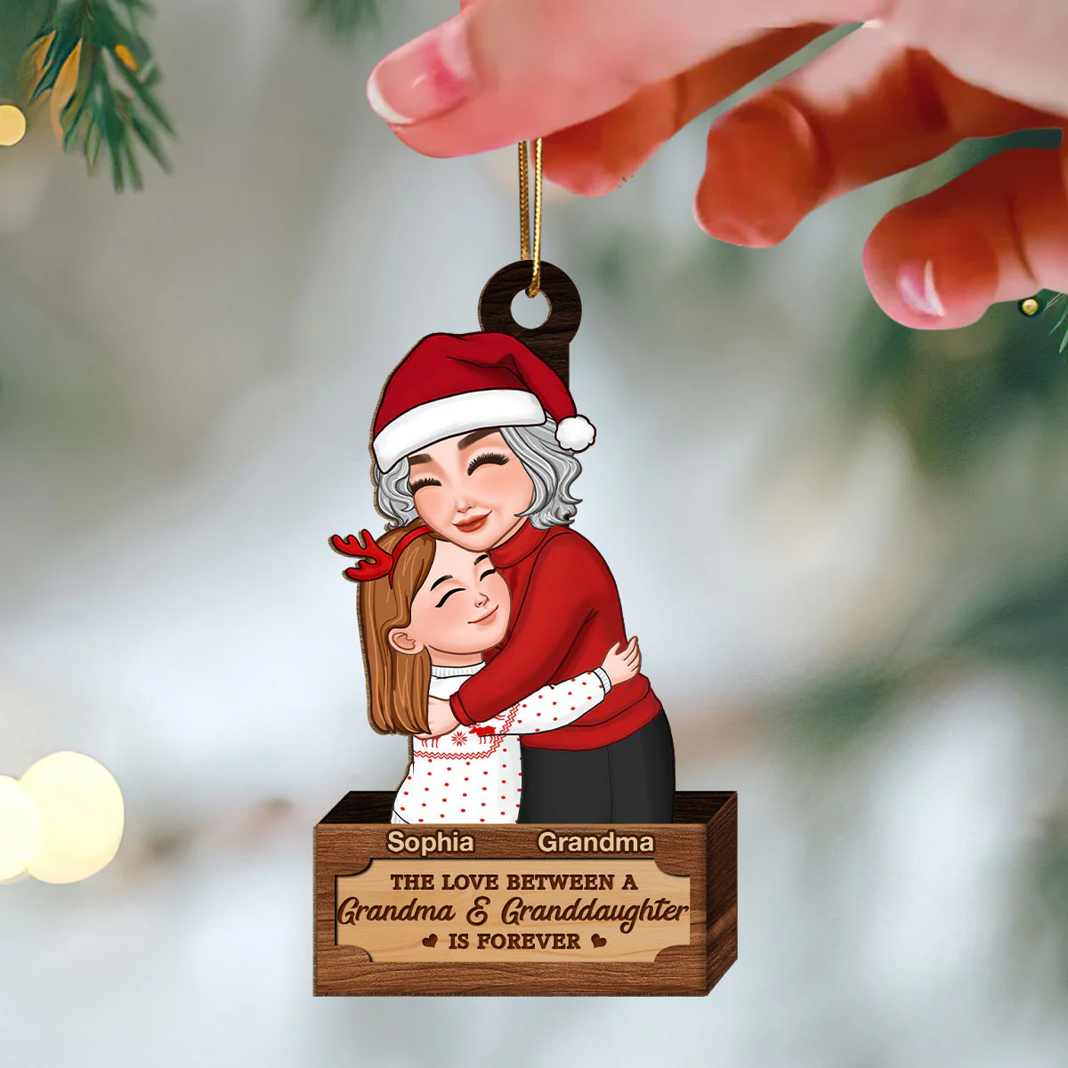 Grandma & Grandkid Hugging In Christmas Box Personalized Wooden Ornament - Image 3