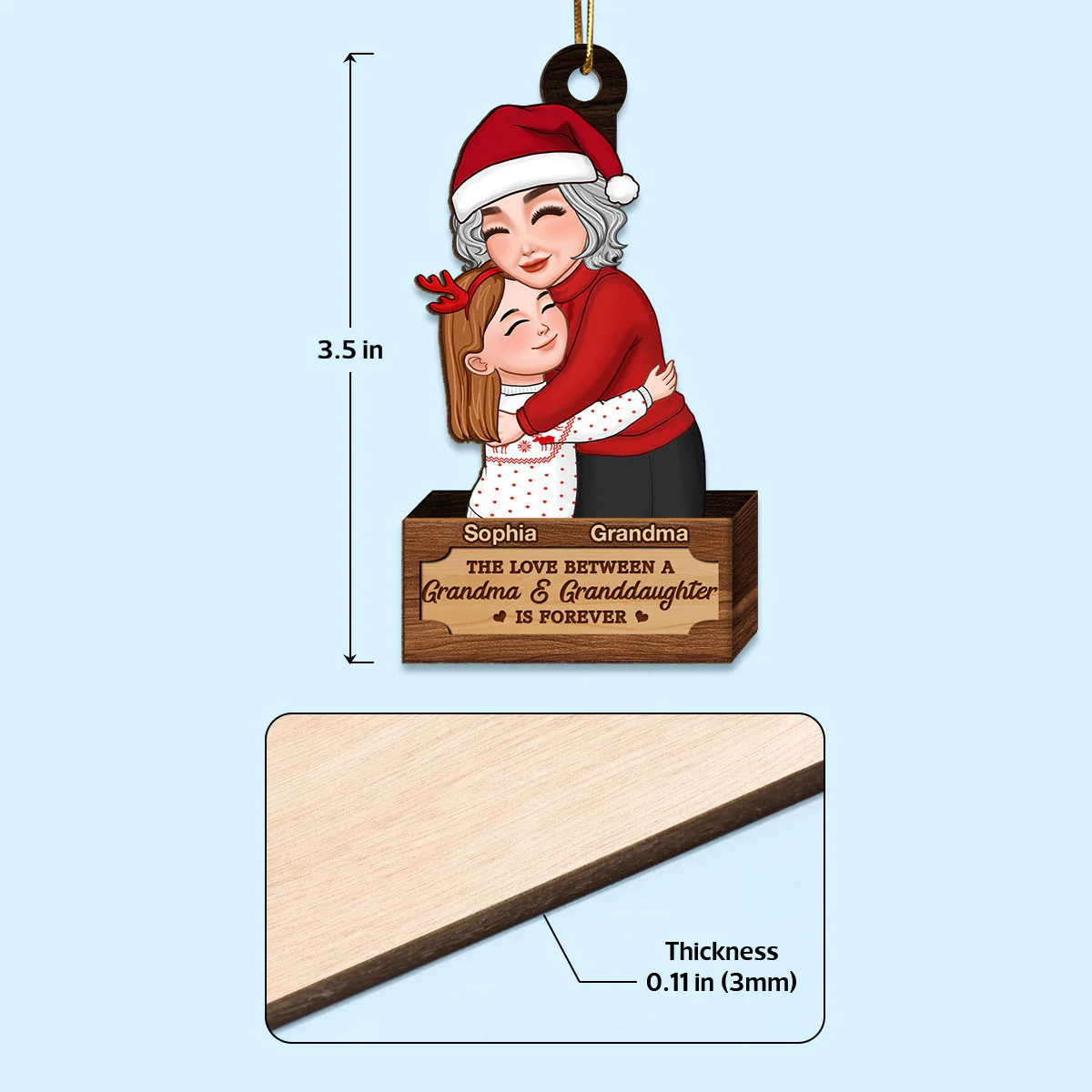 Grandma & Grandkid Hugging In Christmas Box Personalized Wooden Ornament - Image 4