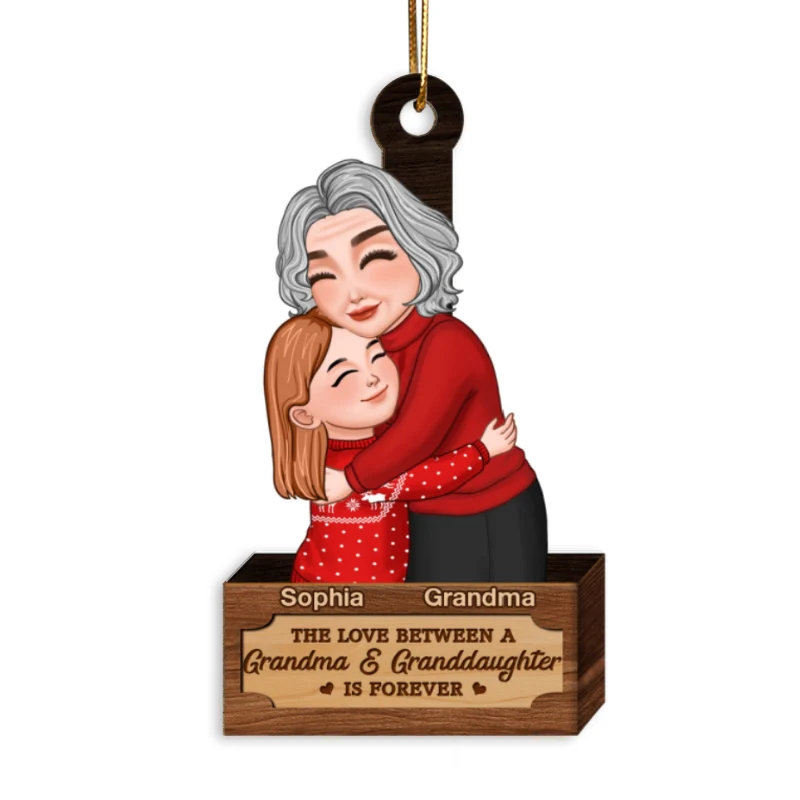 Grandma & Grandkid Hugging In Christmas Box Personalized Wooden Ornament - Image 5