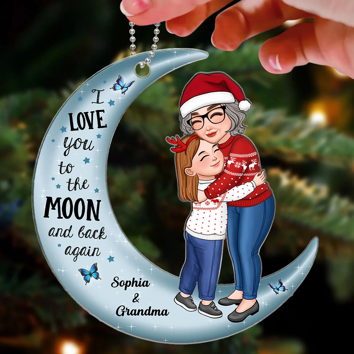 Grandma Grandkid Hugging Love To The Moon Christmas Gift For Grandson Granddaughter Personalized Acrylic Ornament - Image 3