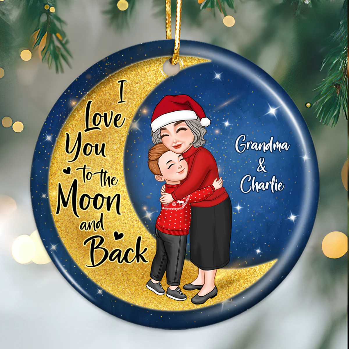 Grandma Grandkid Hugging On Watercolor Moon Personalized Circle Ornament - Image 2