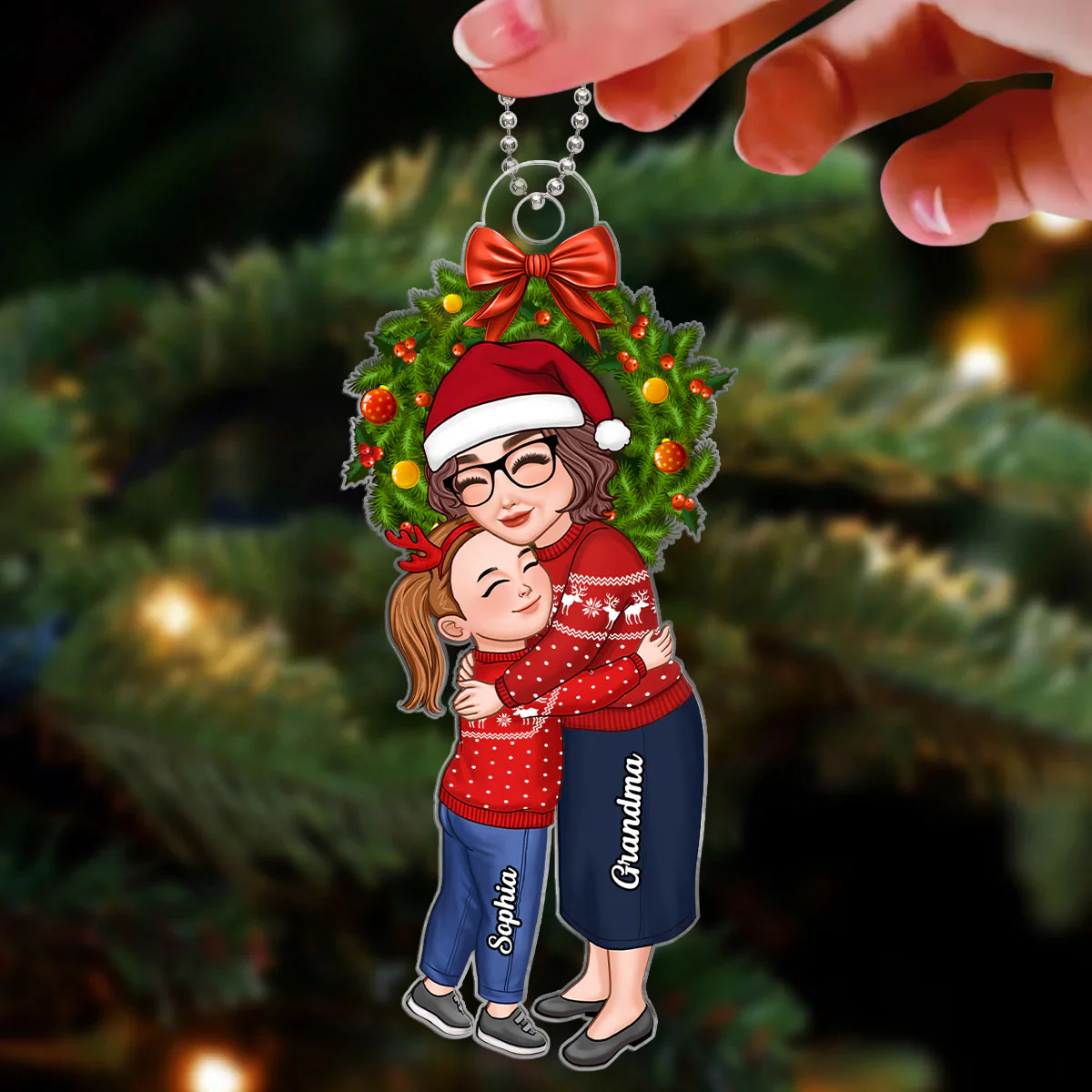 Grandma & Grandkid Hugging Under Christmas Wreath Gift For Granddaughter Grandson Personalized Acrylic Ornament - Image 4