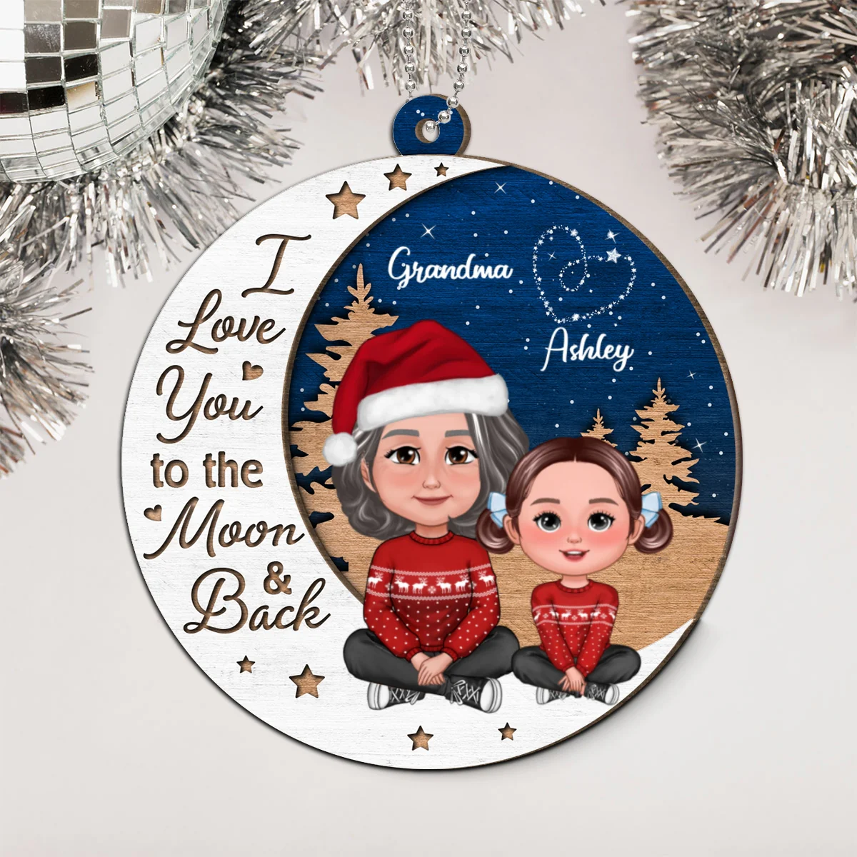 Grandma Grandkid Love You To Moon And Back Christmas Personalized 2-Layer Wooden Ornament - Image 11