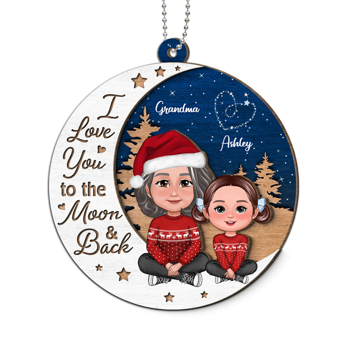 Grandma Grandkid Love You To Moon And Back Christmas Personalized 2-Layer Wooden Ornament - Image 2