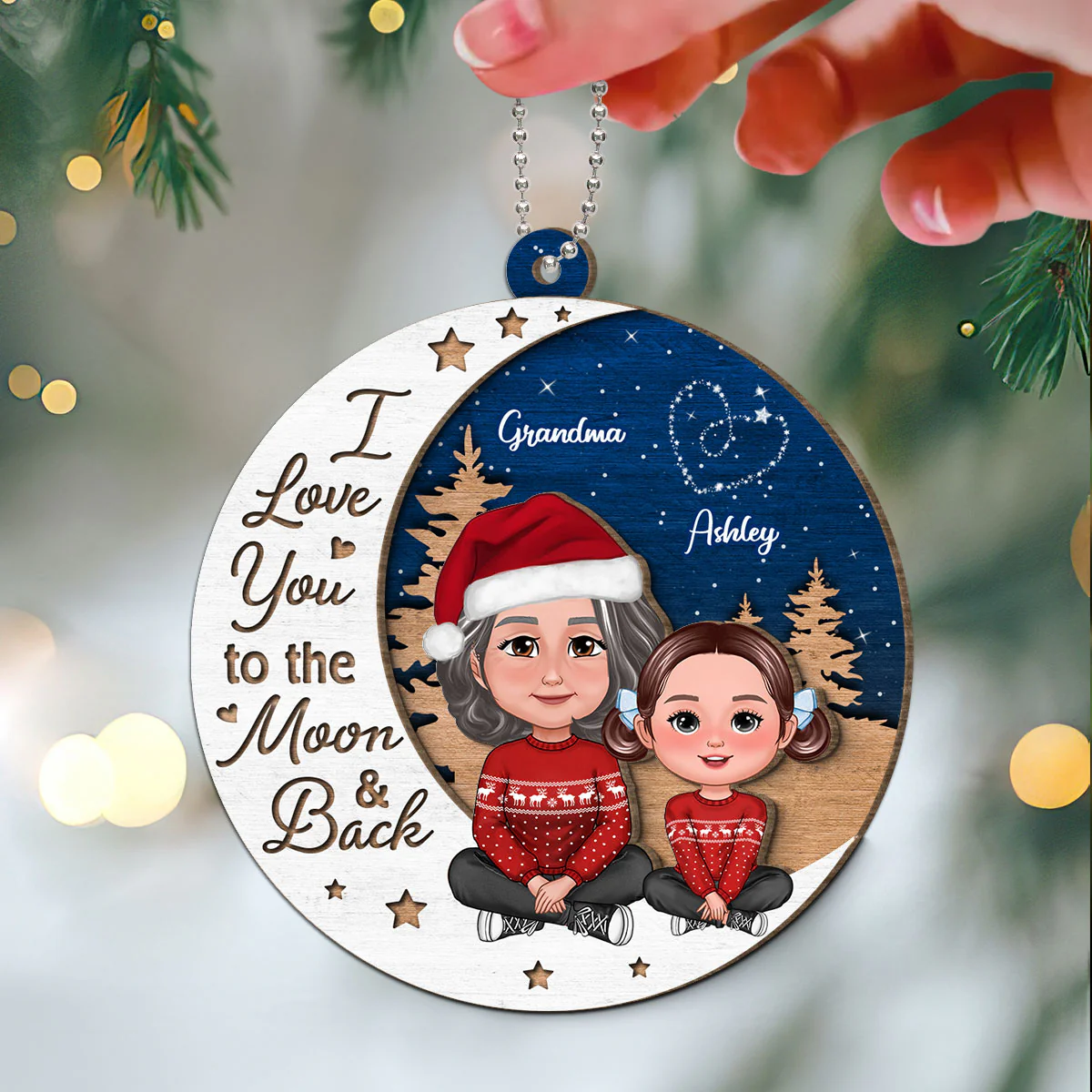 Grandma Grandkid Love You To Moon And Back Christmas Personalized 2-Layer Wooden Ornament - Image 3