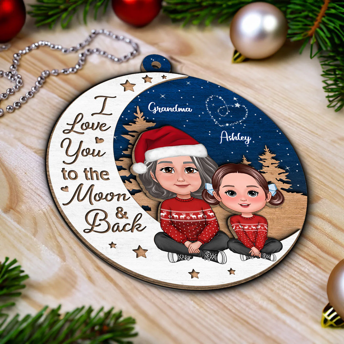 Grandma Grandkid Love You To Moon And Back Christmas Personalized 2-Layer Wooden Ornament - Image 4