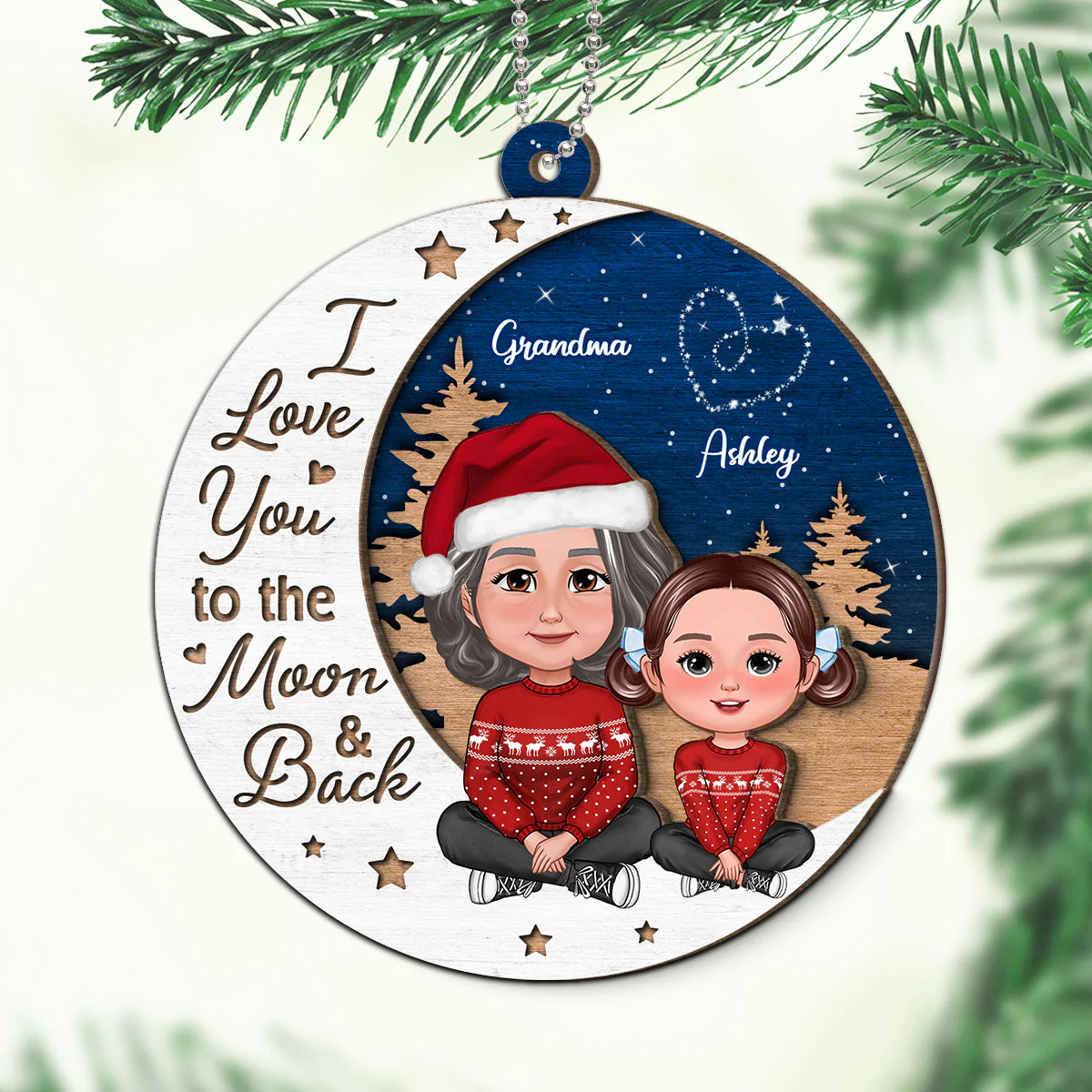 Grandma Grandkid Love You To Moon And Back Christmas Personalized 2-Layer Wooden Ornament - Image 5